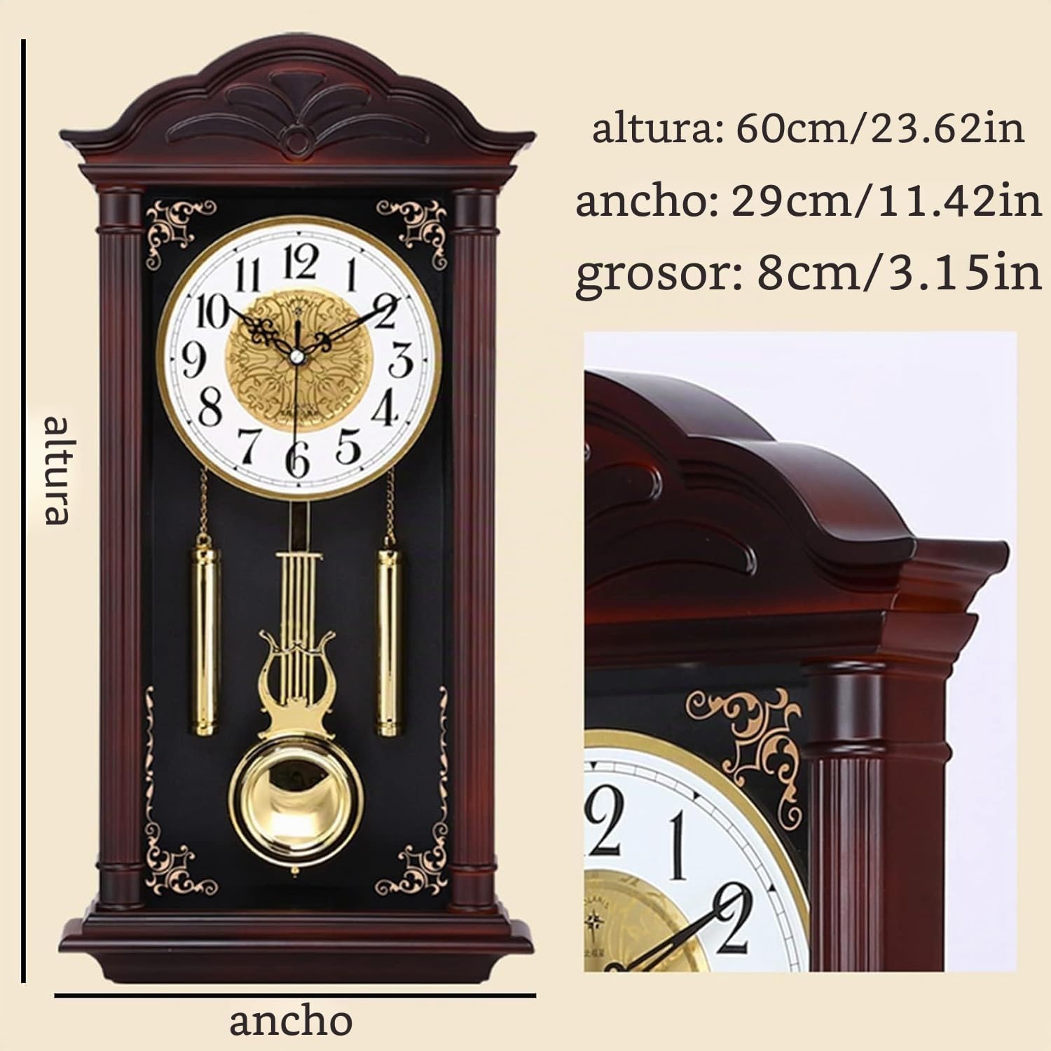 Reloj de pared silencioso de cuarzo con péndulo de 60 cm, diseño retro decorativo para decoración del hogar