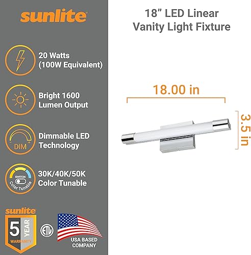 Miniatura 2 de Sunlite 81132 - Lámpara de tocador lineal LED de 18 pulgadas, 20 vatios, 1600 lúmenes, color seleccionable 30K/40K/50K, regulable, certificación