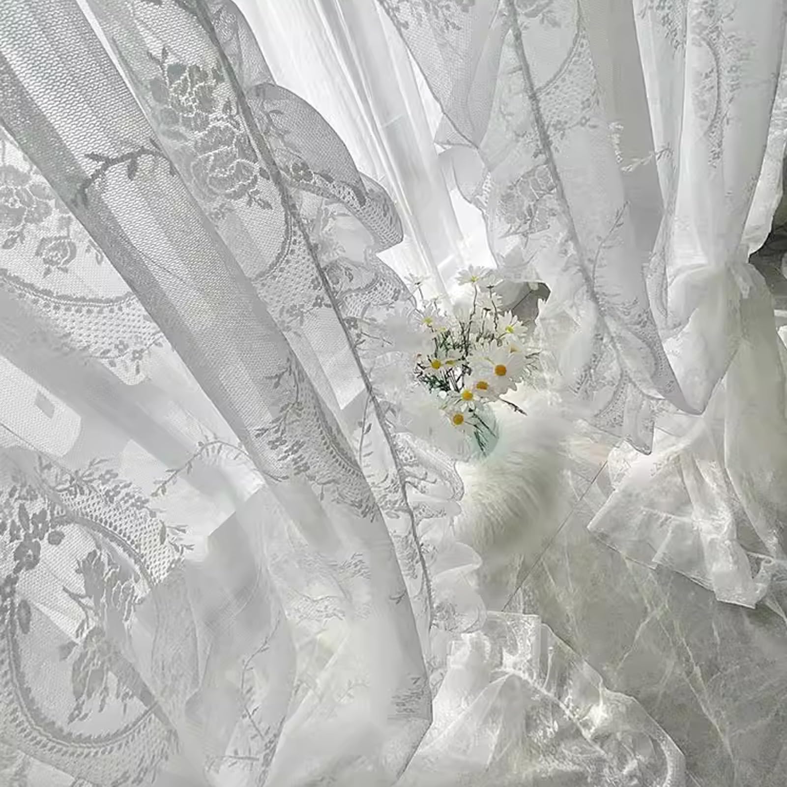 Rideaux en Dentelle Brodée de Fleurs de Style Romantique Français, Long Traitement de Fenêtre Vintage Shabby Chic avec Bord à Volants Festonnés, pour Balcon de Jardin, 1 Panneau