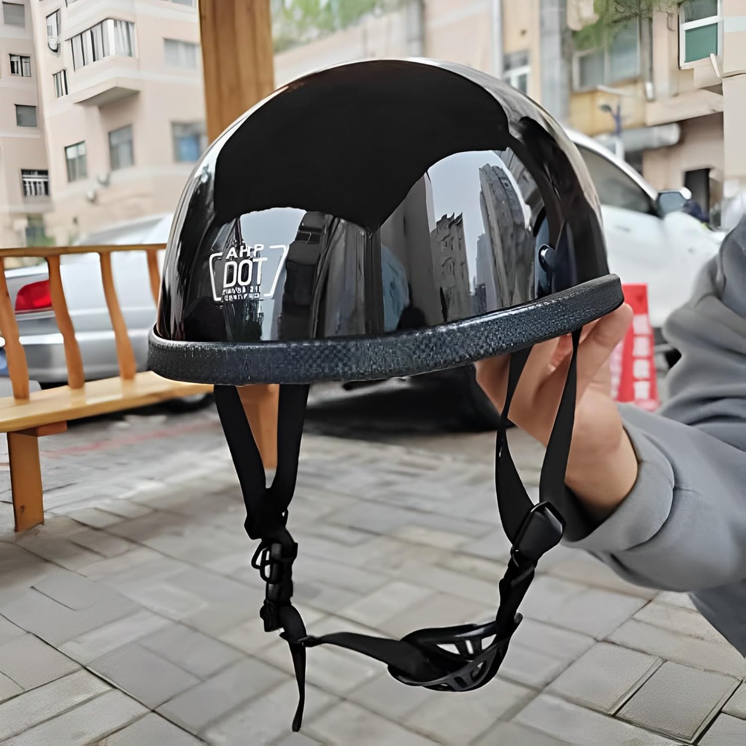 Motorcycle Half Helmet, DOT Approved Ultra-Thin Comfortable Cruising Low Profile Skull Cap, German Style Novelty Small Helmet for Chopper Moped Scooter Motorbike Electric (Bright Black, XX-Large)