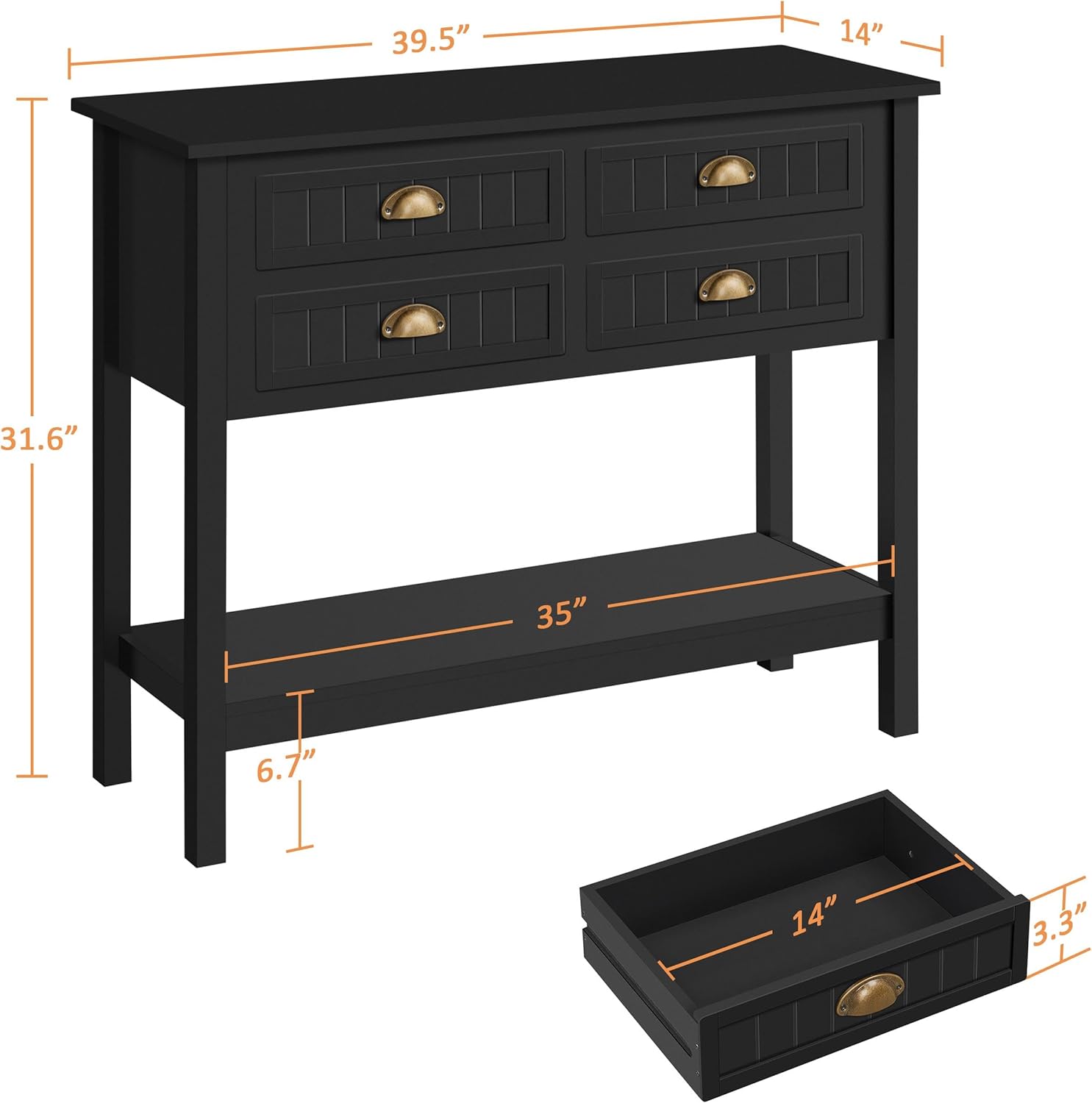 Yaheetech Console Table with 4 Drawers, Sofa Side Table with Bottom Open Storage Shelf, Heavy-Duty Entryway Tables for Hallway/Living Room, 39.5x14x32 inch, Black