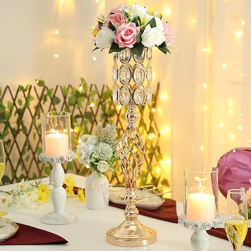 Miniatura 3 de Juego de 10 jarrones de metal con diamantes de cristal para mesa de boda, 24 pulgadas, soportes de flores altos versátiles dorados, soportes de