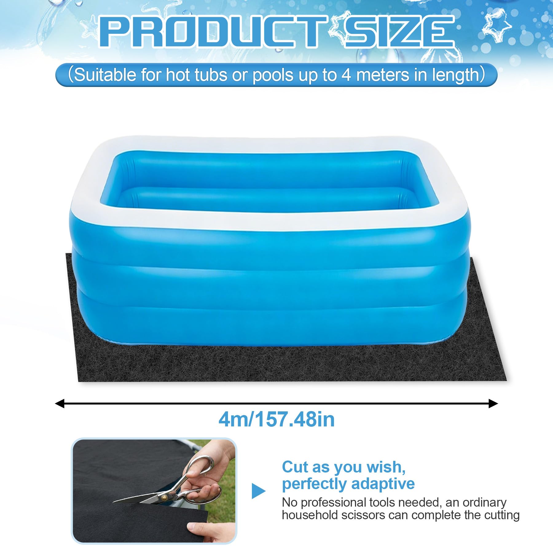 TZEKING Base de Piscina 4m Rectangular, Lona de Suelo en Geotextil 200g/m², Antideslizante y Absorbente para Piscinas Elevadas y Exteriores, Fácil de Colocar y Plegable para Jacuzzi