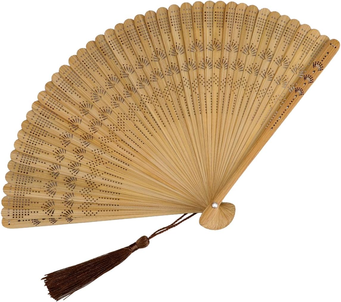 Bamboo Hand Fan Chinese Traditional Folding Fan with Tassel Vintage Hollowed Handheld Rave Fan for Man Women Party Decoration (Brown)