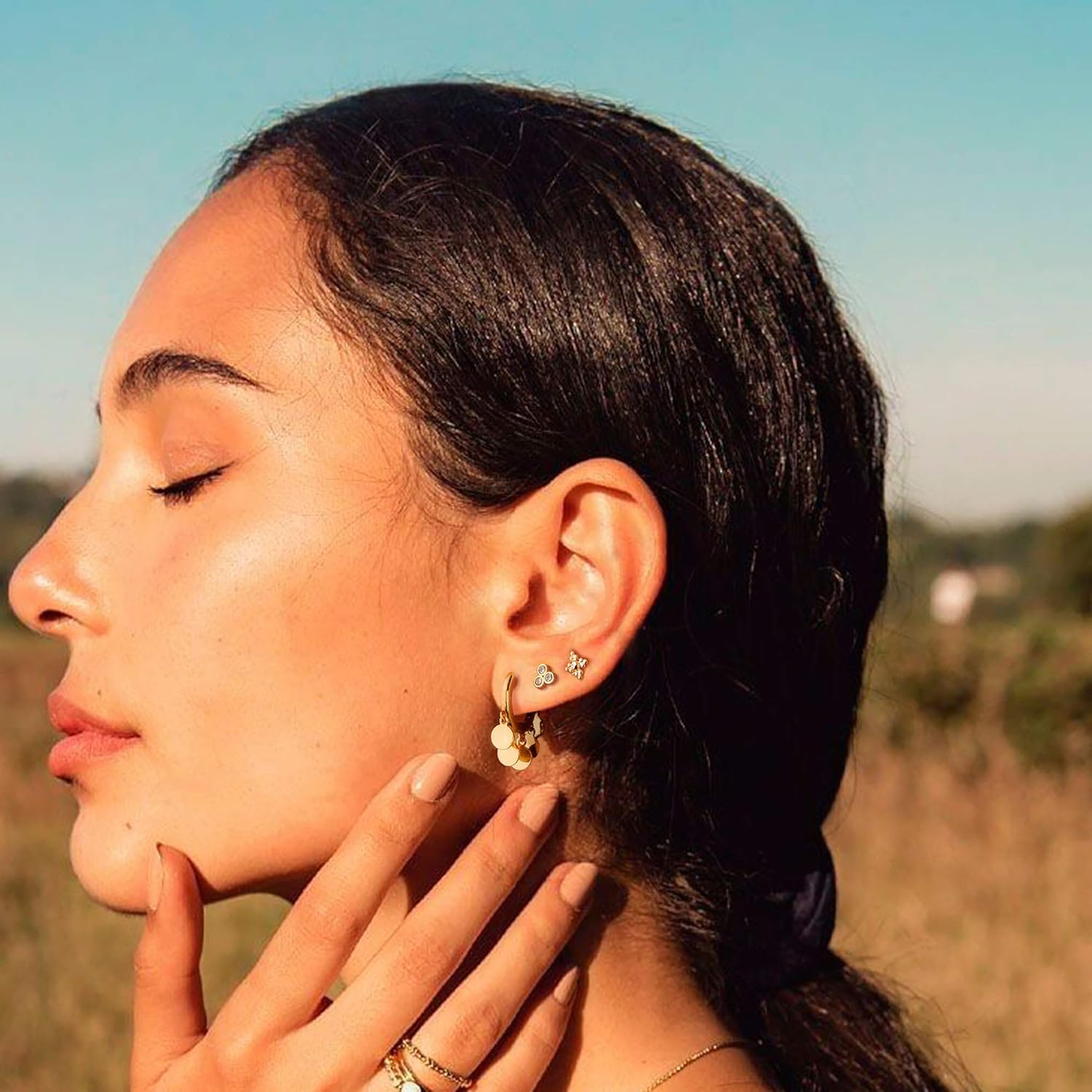 Mevecco Gold Tassel Huggie Hoop Earrings 18K Gold Plated Dainty Small Star Disc Cross Turquoise CZ Tassel Dangle Drop Huggy Sleeper Earrings for Women for Her - Image 2