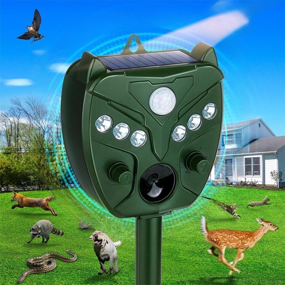Repellente solare a ultrasuoni per cani e gatti, 5 modalità regolabili con flash LED, ricarica USB e impermeabile, per gatti, cani, uccelli e volpi (2 pezzi)