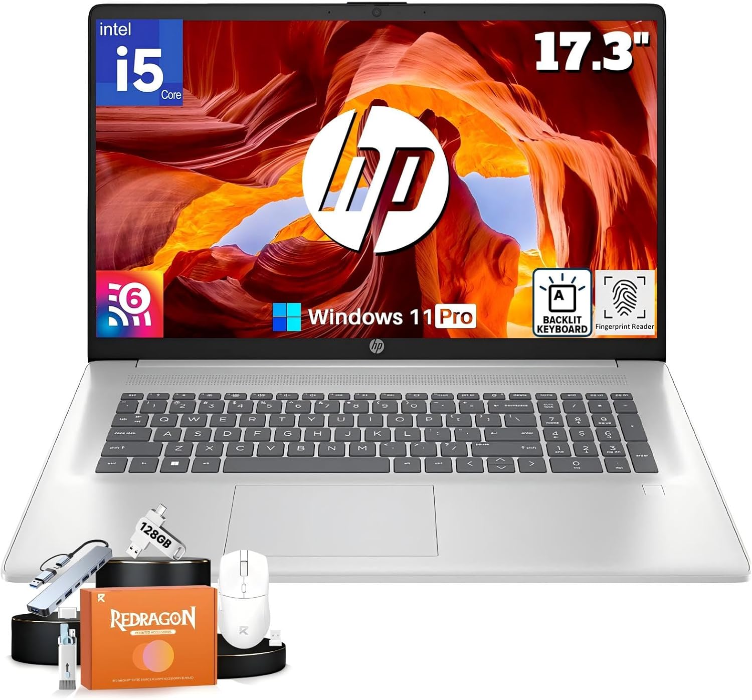 HP 17 inch Laptop, Intel 10-Core i5-1334U, 17.3" HD+ Anti-Glare Display, 32GB RAM, 1TB SSD, Backlit Keyboard, Fingerprint Reader, Windows 11 Pro, Wi-Fi 6, for Business Student, REDRAGON Accessories