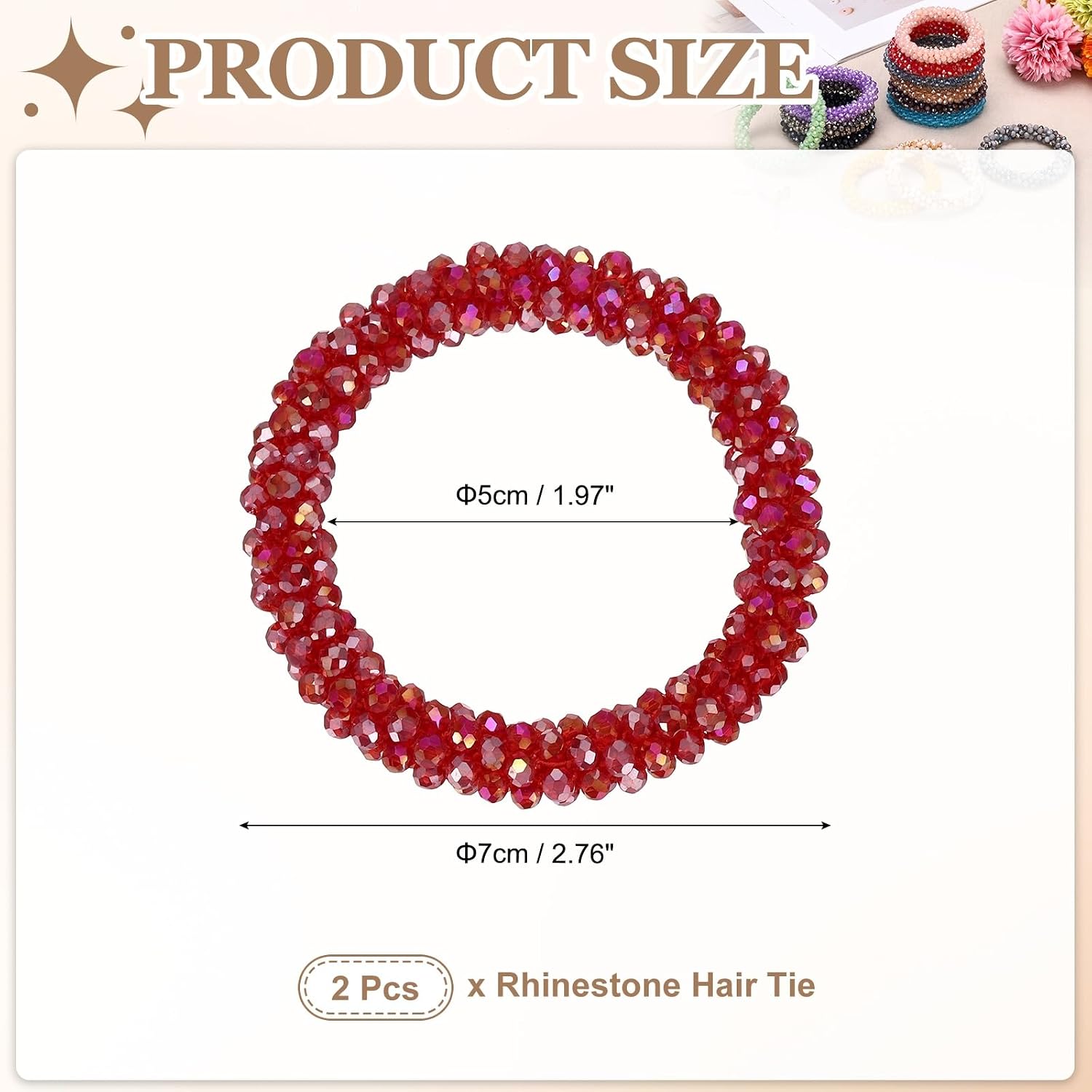 uxcell 2pcs Rhinestone Hair Scrunchies Crystal Ties Elastic Hair Plated Red image 2