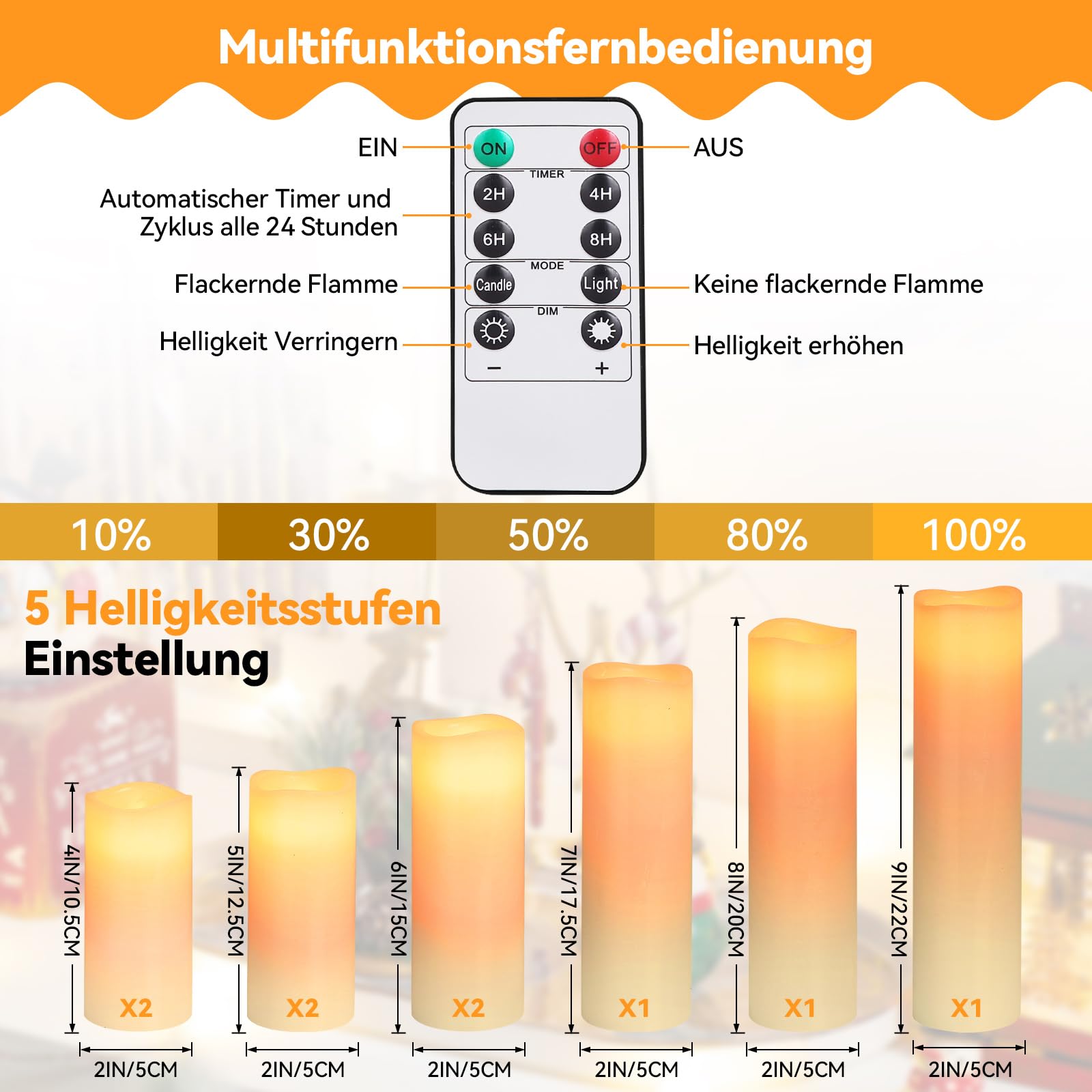 LED-Kerzen, LED-Kerzen Flackernde Flamme mit Timerfunktion&Fernbedienung,9 Batteriekerzen-Set (10,5cm 12,5cm 15cm 17,5cm 20cm 22cm),Echtwachs Stumpen-LED-Kerze für Halloween,Weihnachten,Party,Hochzeit