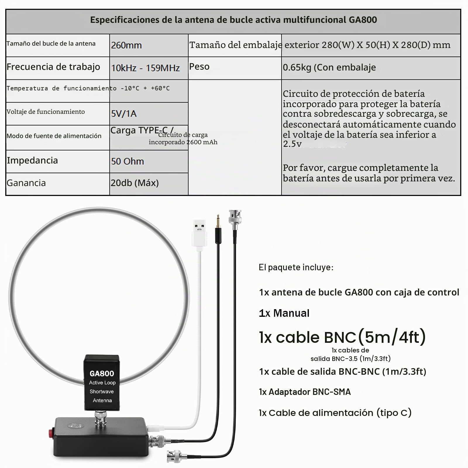 AURSINC GA800 Antena de bucle, antena de radio de onda corta activa con cable BNC 10 KHz-159 MHz HF para radioafición (sintonización gratuita)