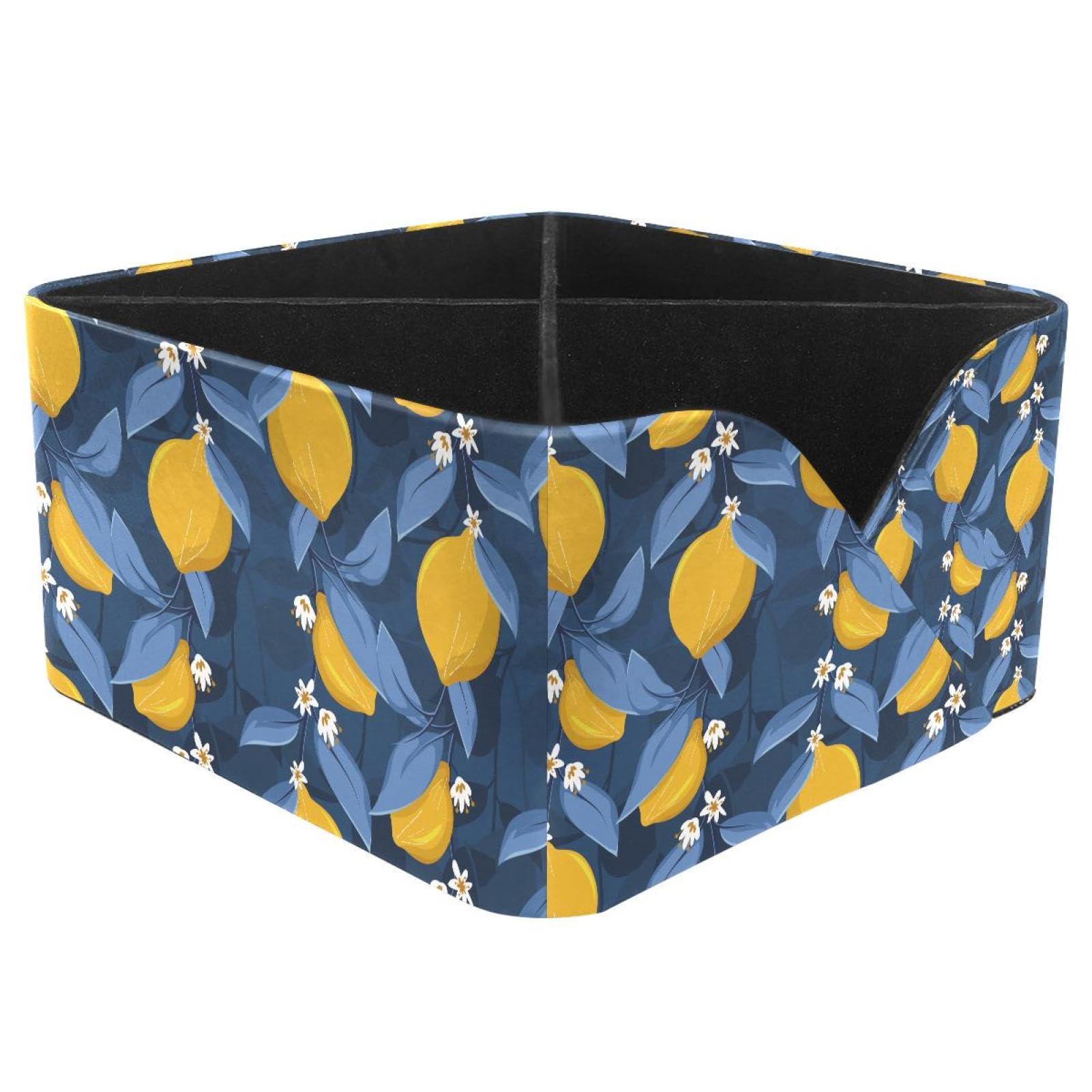 KengjuTesu Lemon Blue Leaves Pattern Desktop Organizer Pen Holder, Rectangular Pencil Cup for Office, Study and Makeup Stations