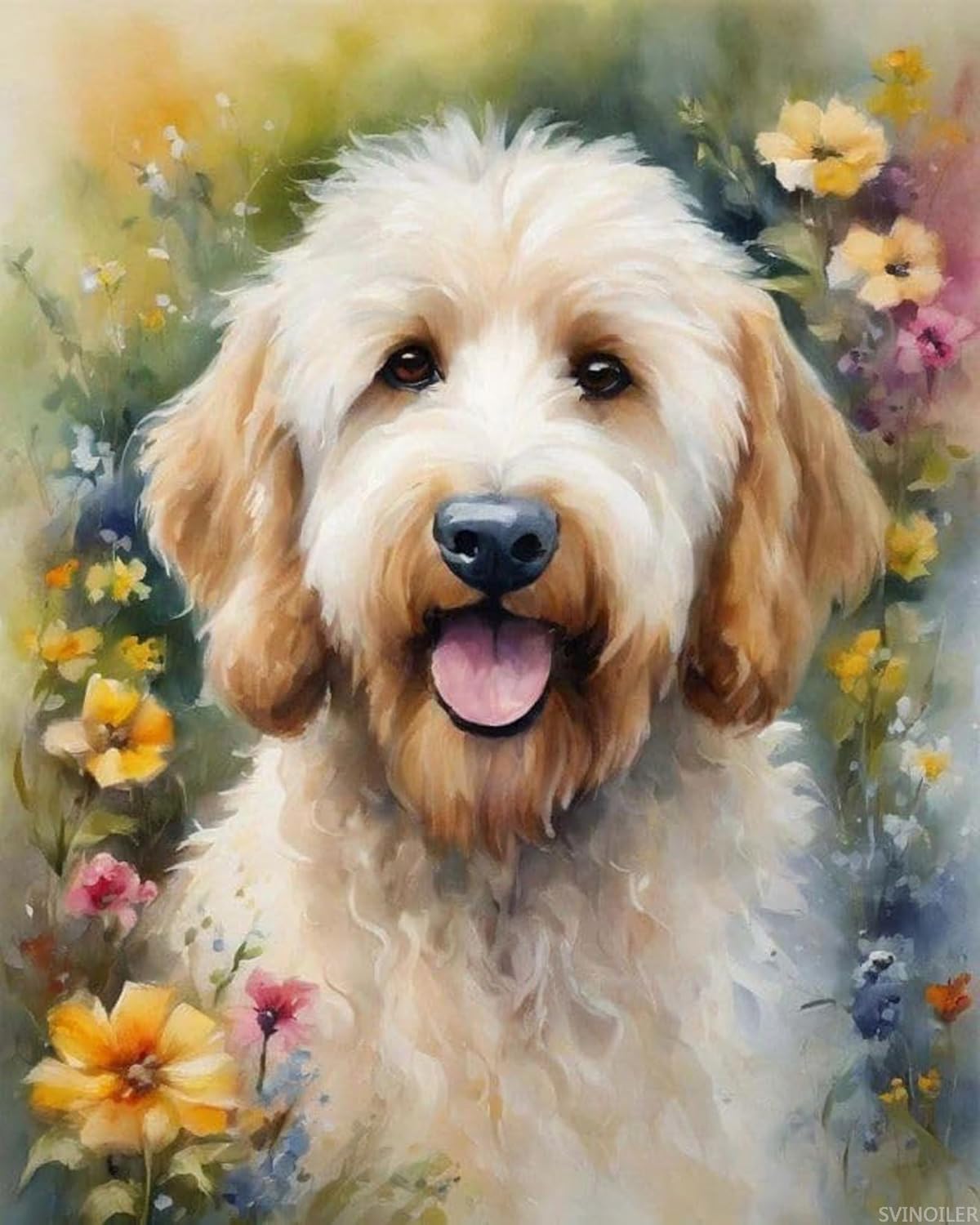 SVINOILER DIY Oil Painting Paint by Number Kit Frameless Goldendoodle Dog Among Flowers Paint by Numbers Oil Painting Canvas Print Wall Art Home Decoration 16x20 Inch
