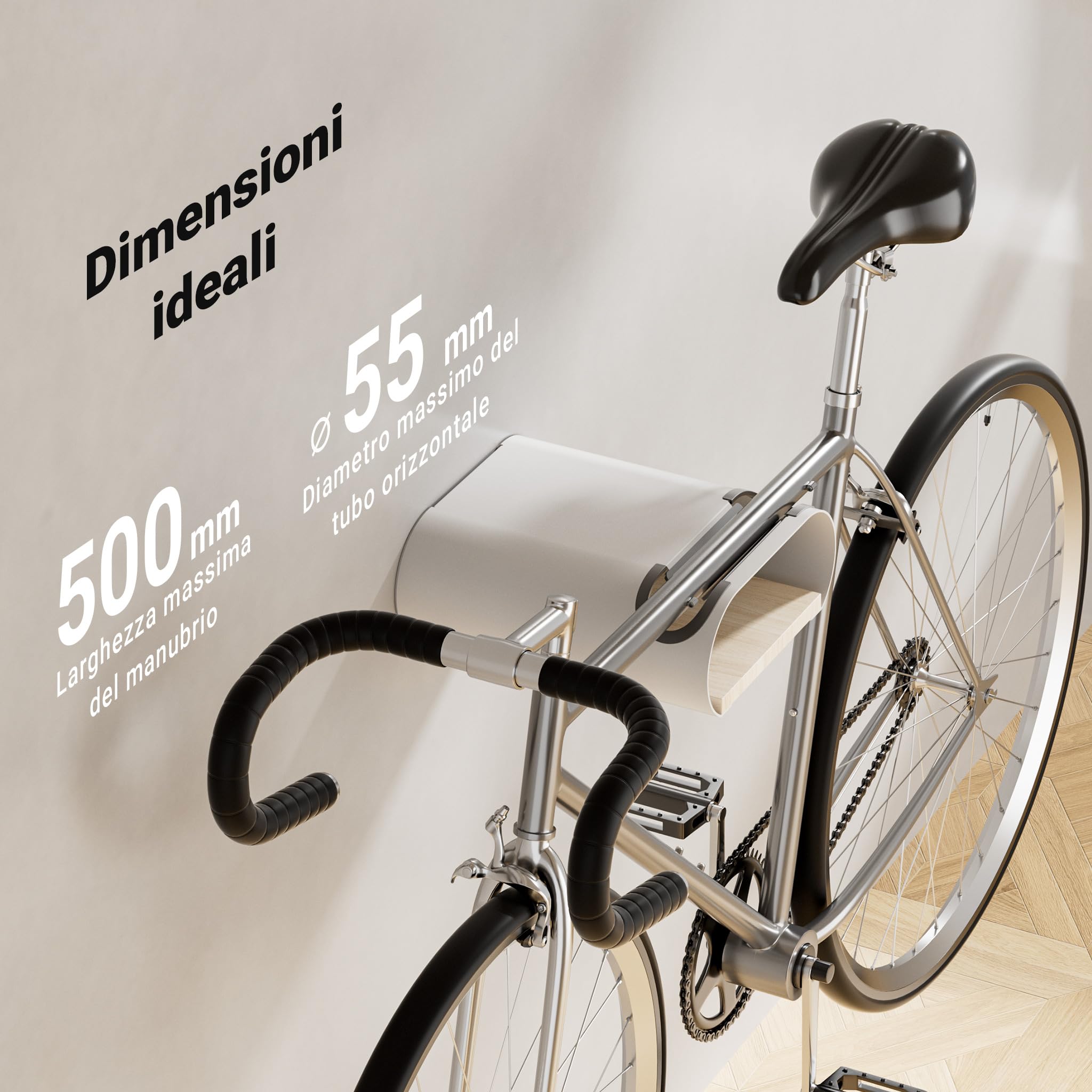 Wiltec Supporto a Parete per Bicicletta 25,6 x 30 x 11,4 cm Fino a 25 kg, portabici Universale, in Sospensione, per Tubi Orizzontali Ø 55 mm e manubri Larghi 500 mm