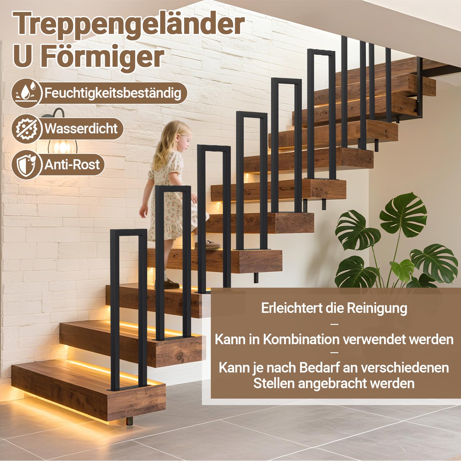 Barandilla para escaleras, barandilla negra en forma de U de 85 cm, pasamanos metálico, barandilla para escaleras con tubo cuadrado para lofts, villas y apartamentos, placas base conectadas