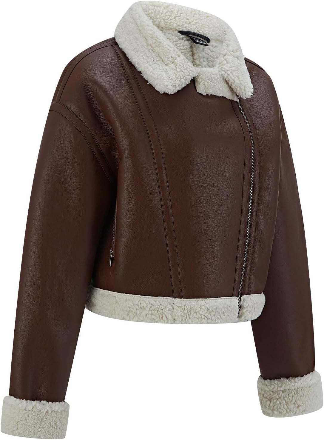 Women's Faux Shearing Moto Jacket Thick Fur Lined Coat Sherpa Leather Jacket - Image 2