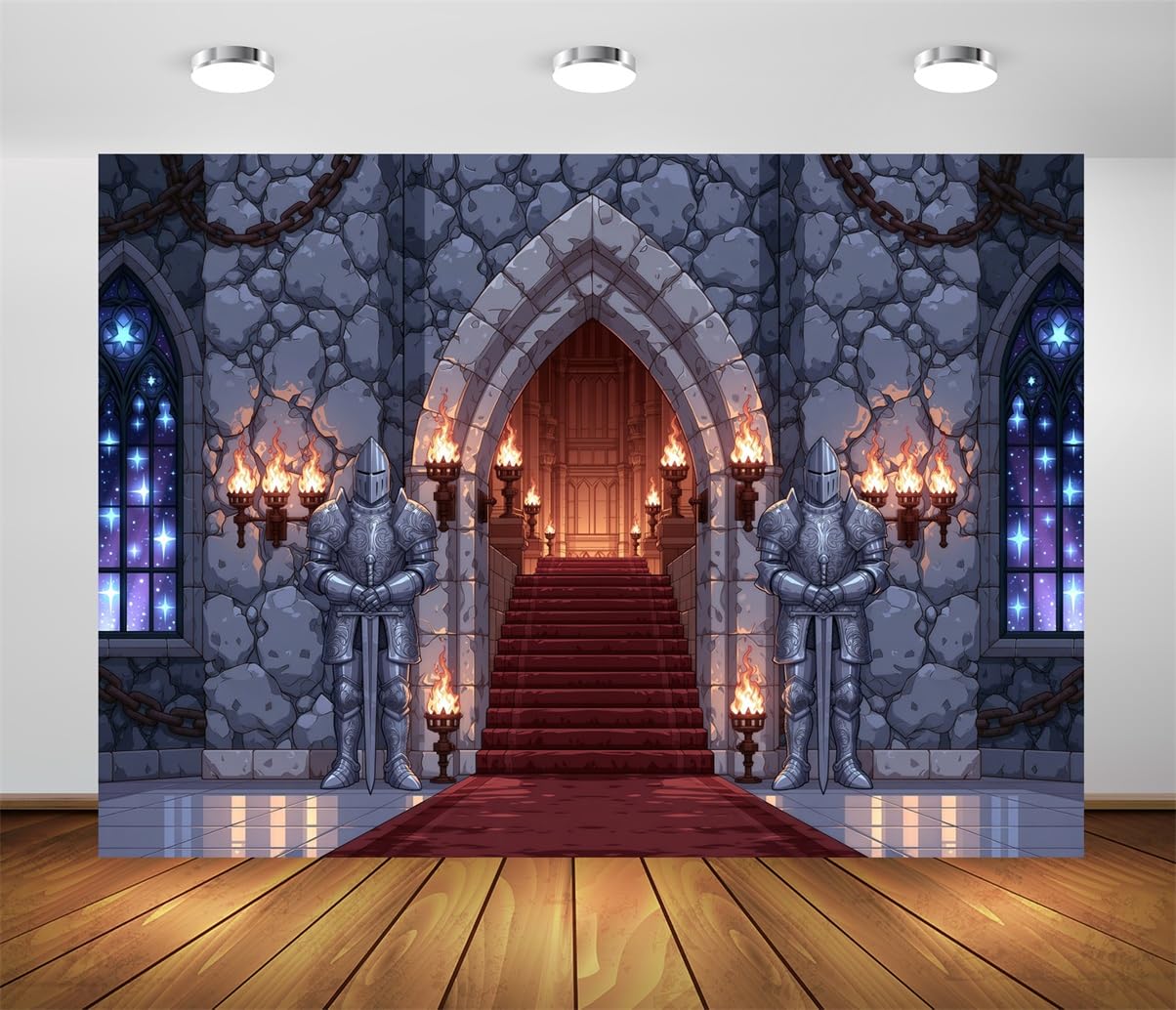 BELECO 4.6x2.5m Sfondo in tessuto Castello Medievale | Statue Cavalieri Arco In Pietra Torce Tappeto Rosso Finestra In Vetro Gotica Sfondo Fantastico Telo Di Sfondo