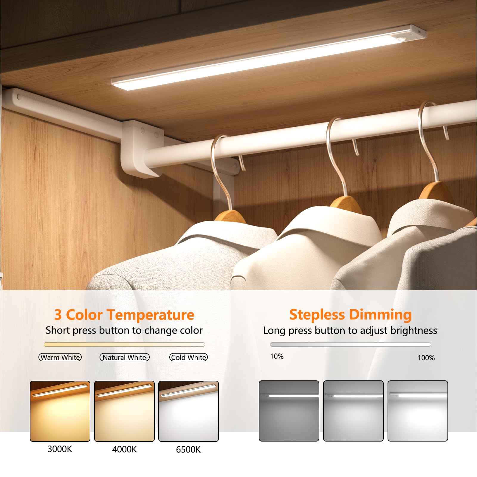 Luz de Armario Sensor Movimiento con 3 Colores Temperatura, 41CM Recargable Lampara LED Adhesiva, Regulable Luz Nocturna para Cocina,Gabinete,Escalera,Sótano,Garaje-1PCS