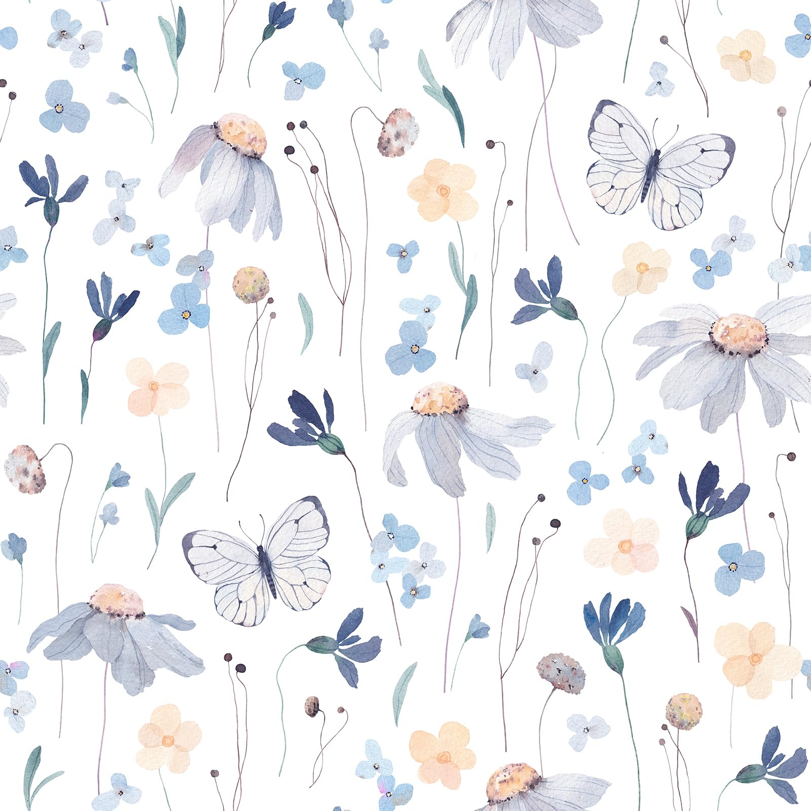 CRE8TIVE Watercolor Floral Peel and Stick Wallpaper 24"x118" Butterfly Yellow/Blue Floral Wallpaper for Bedroom Removable Self Adhesive Wall Mural Vinyl Floral Contact Paper for Girls Room Wall Decor