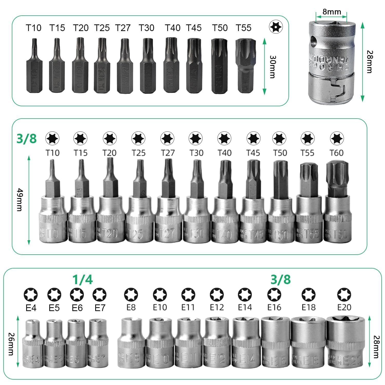 Lot de 34 douilles Torx femelles robustes, jeu de clés à douille avec cliquet, inserts Torx pour clés femelles multifonctionnelles