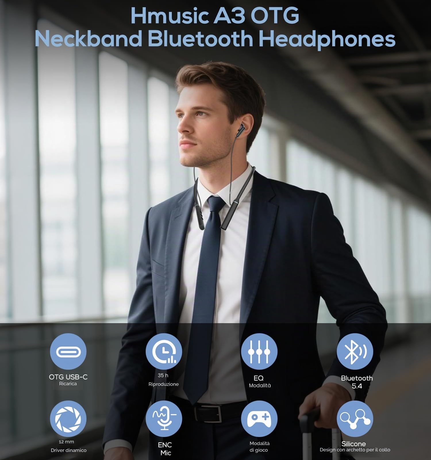 Hmusic A3 Cuffie Bluetooth con Archetto da Collo - OTG-USB Ricarica, Nero | 35 ore di autonomia, isolamento acustico, auricolari in-ear per lavoro, sport, corsa, palestra