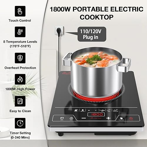 Miniatura 3 de VBGK Cocina eléctrica de un solo quemador, estufa eléctrica de 1800 W, control táctil LED portátil, 8 niveles de potencia, bloqueo para niños
