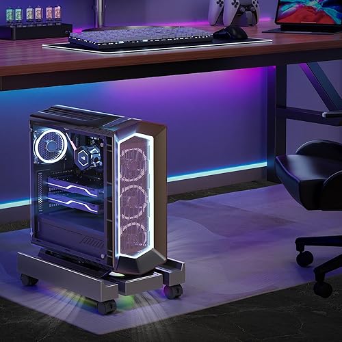 Miniatura 9 de Soporte de torre ajustable para computadora con ventilador enfriador y luz, soporte de PC para piso, soporte de CPU móvil con 4 ruedas giratorias