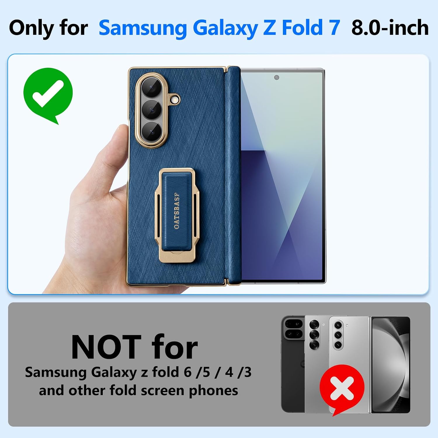 Grip for Samsung Galaxy Z Fold 7 Case with Stand, Leather & Metal Fold 7 Phone Case with Wrist Strap & Hinge Protection, Drop-Proof Kickstand Cover for Fold7 Phone, Aura Blue