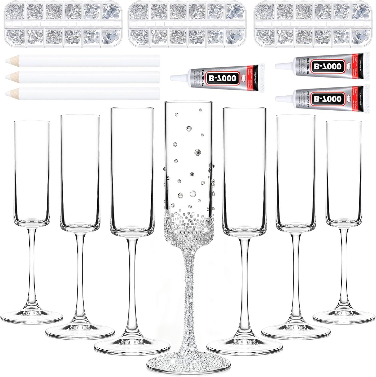 Hushee 6 Pcs DIY Wedding Champagne Flutes Kit, Personalized Bling Champagne Glasses with Mixed Size Resin Rhinestones, Dotting Pen and Glue, Bridal Shower Bachelorette Wedding Party DIY Craft Gifts