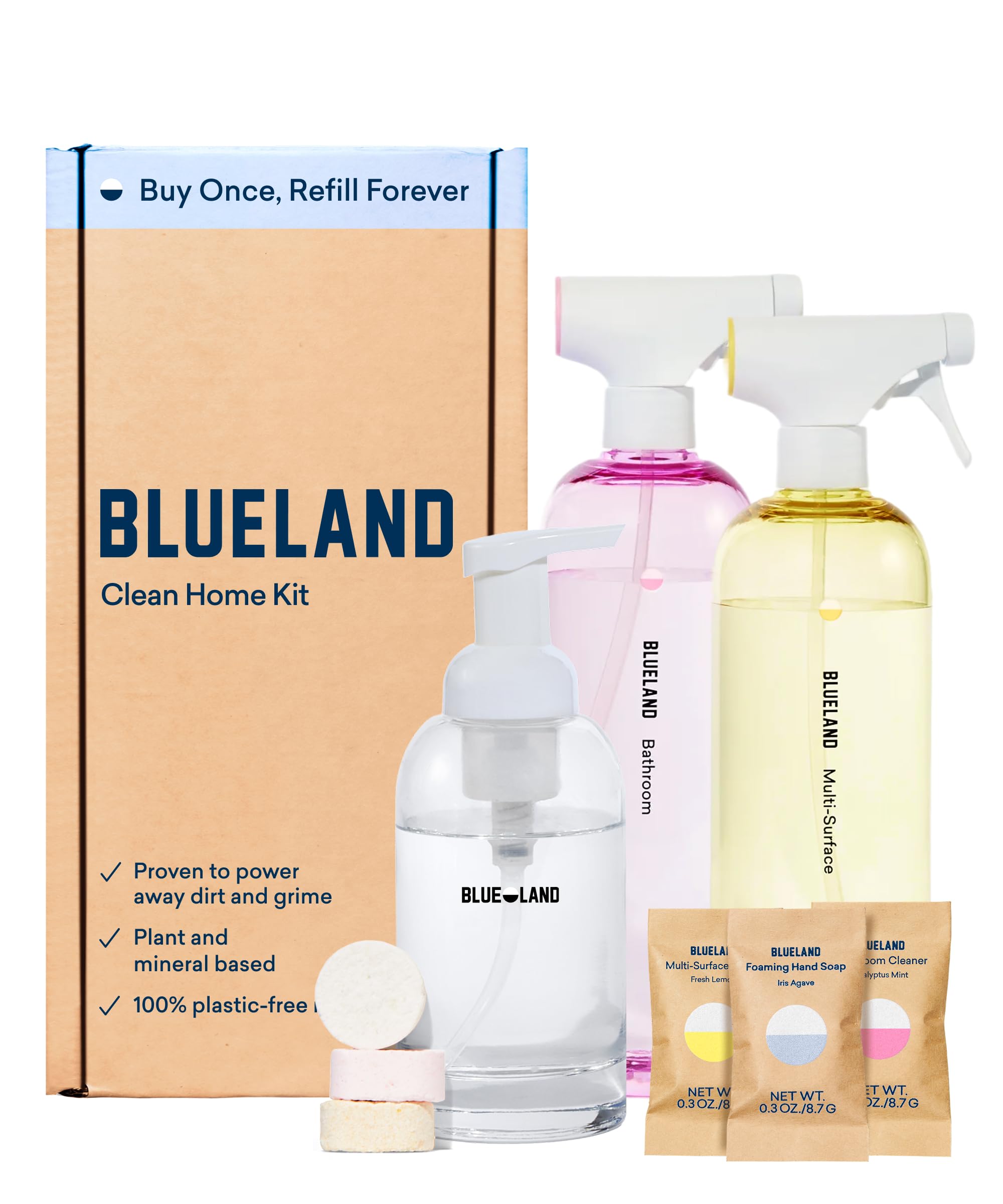 BLUELAND Clean Home Kit, 3 Reusable Bottles with 3 Tablets, Makes 1 Bottle Each of Foaming Hand Soap, Multi-surface Cleaner, Bathroom Cleaner