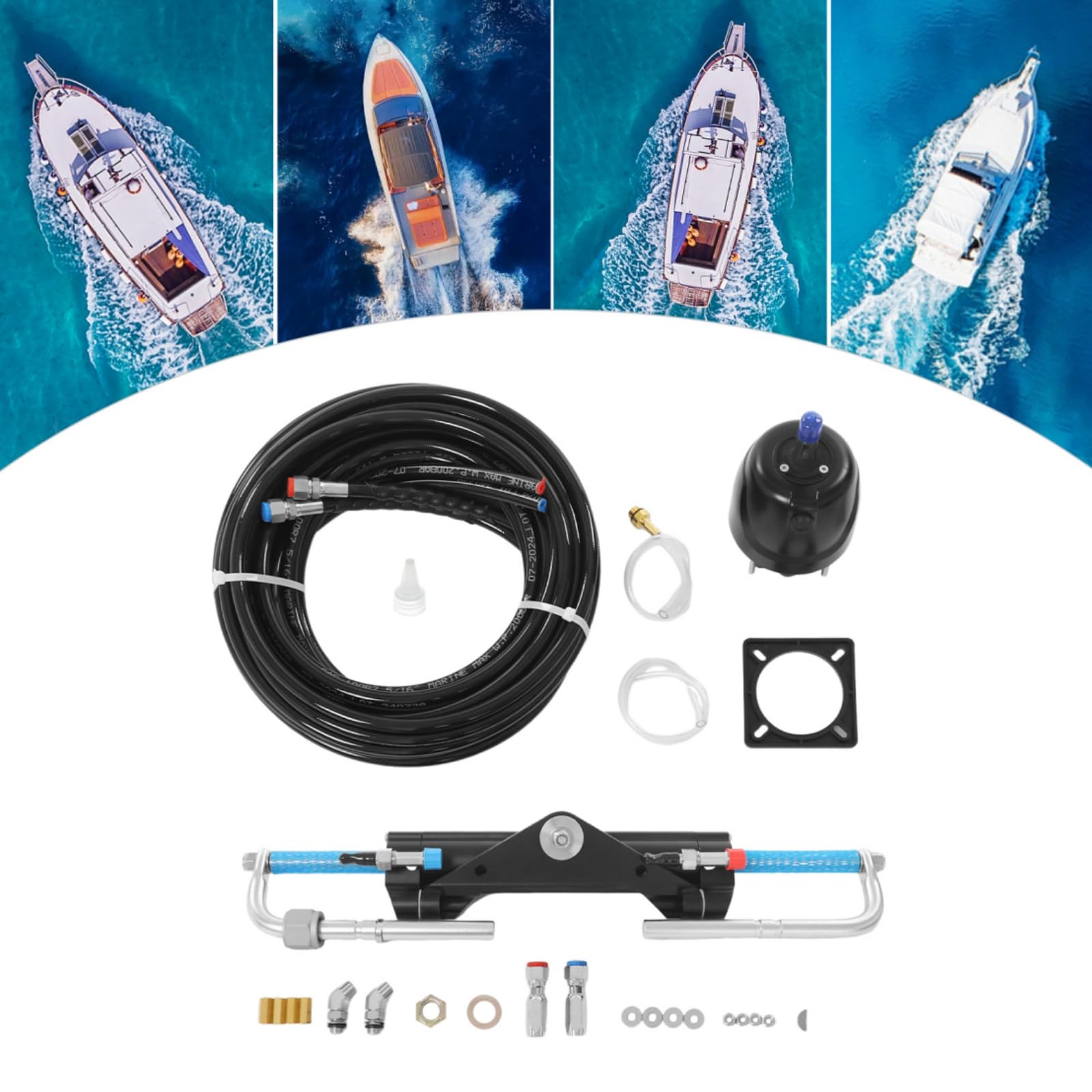Kit de dirección hidráulica fueraborda de 150 CV, kit de dirección hidráulica para barcos marinos, mecanismo de dirección hidráulica con bomba hidráulica, cilindro de dirección y mangueras