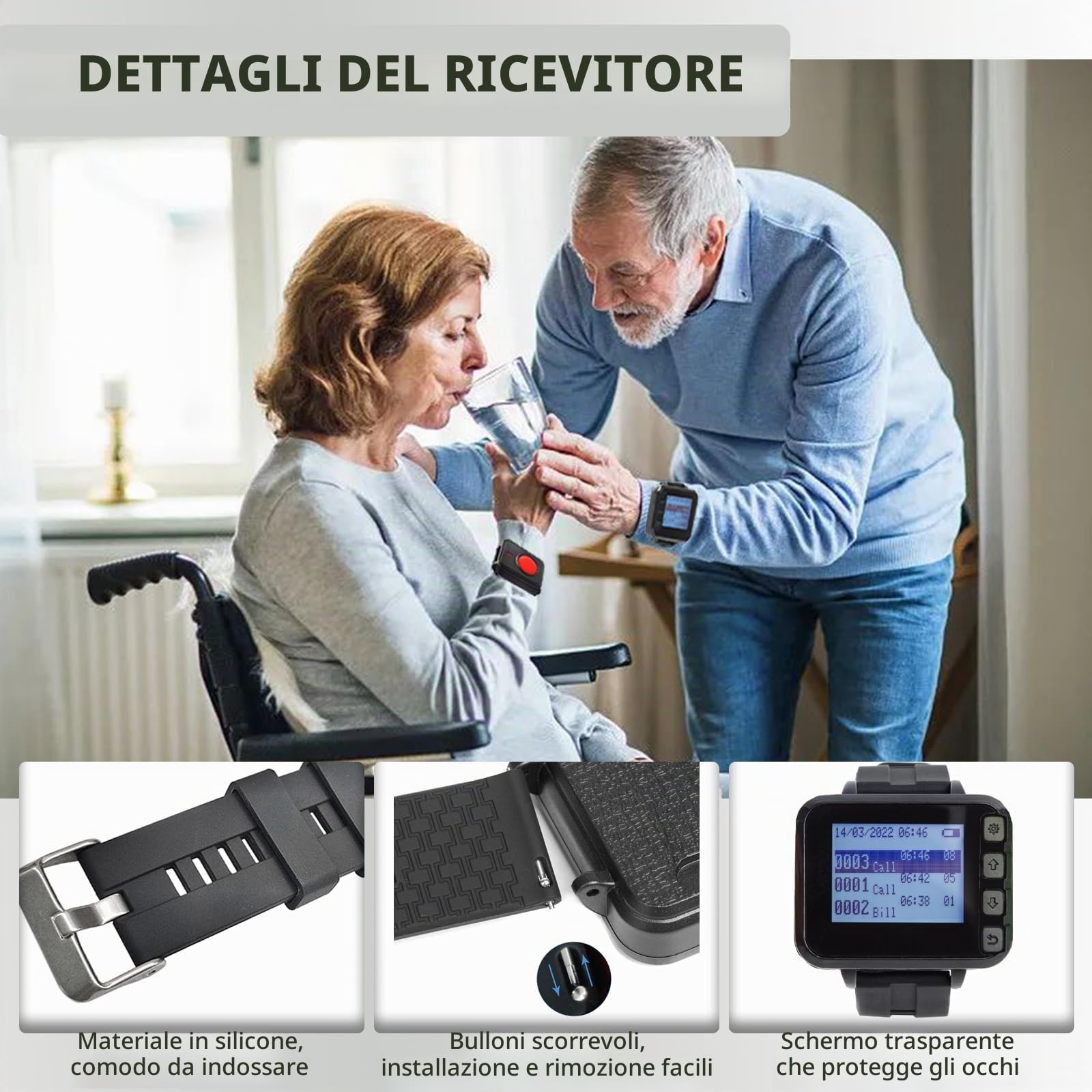 Pulsante Salvavita Anziani Senza Fili Pulsante Emergenza Cercapersone per Anziani Sistema Allarme per Monitoraggio Casa/Pazienti/Disabili con 1 Display Cicalino + 2 Polso Pulsanti