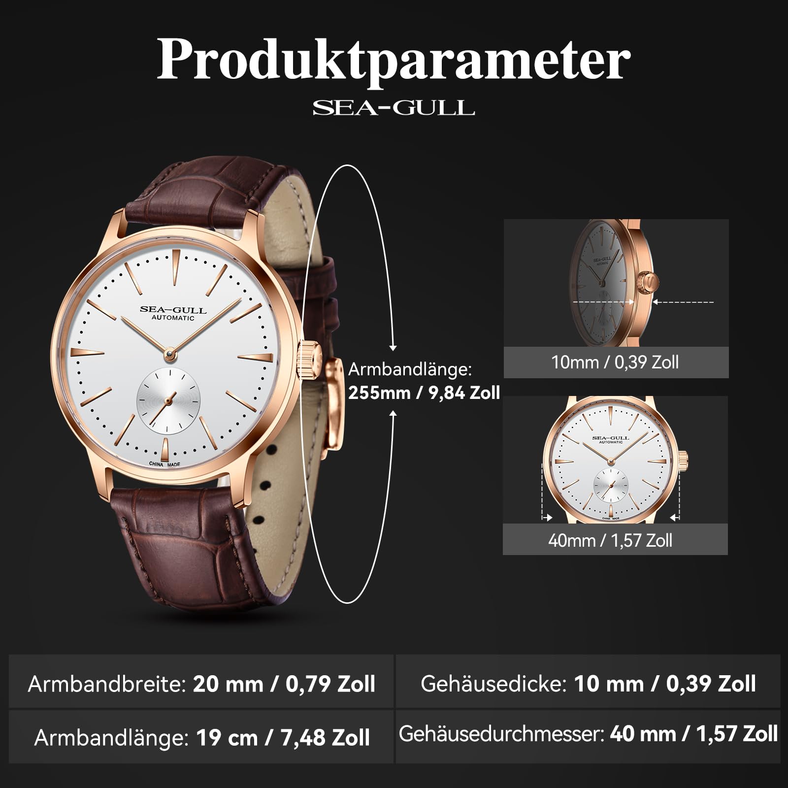 Seagull Herren Automatik Mechanische Uhr mit Sekunden-Unterzifferblatt Business Lederarmband Analog Anzeige Armbanduhr 40mm