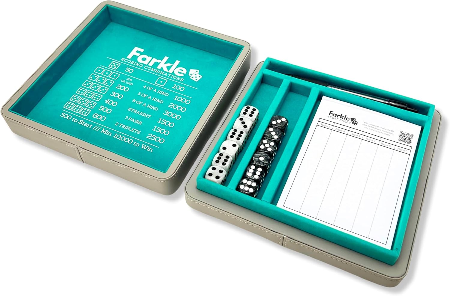 Luck Lab Farkle Dice Tray and Storage Case - Includes Embedded Scoring Combinations, 2 Sets of 6 Pearl Dice, 40 Sheet Score Pad and Pen Holder for The Classic Family Game (Grey and Turquoise)