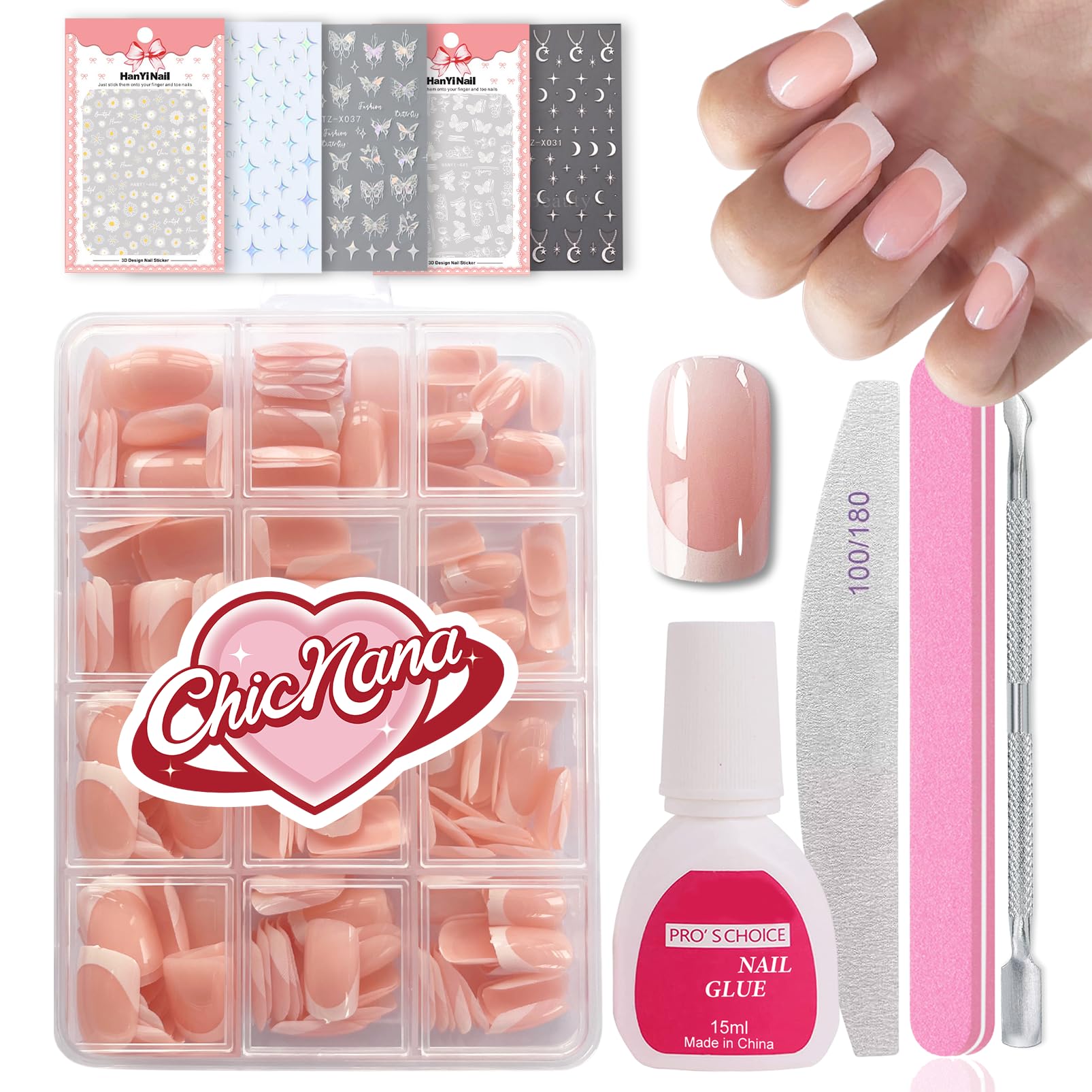 French False Nails Kit, 240Pcs Press On Nails with Stickers, False Nails With Glue Acrylic Fake Nails 12 Sizes Stick On Nails For Women French Tip Gift for Girls (Long Square-2-Nude)