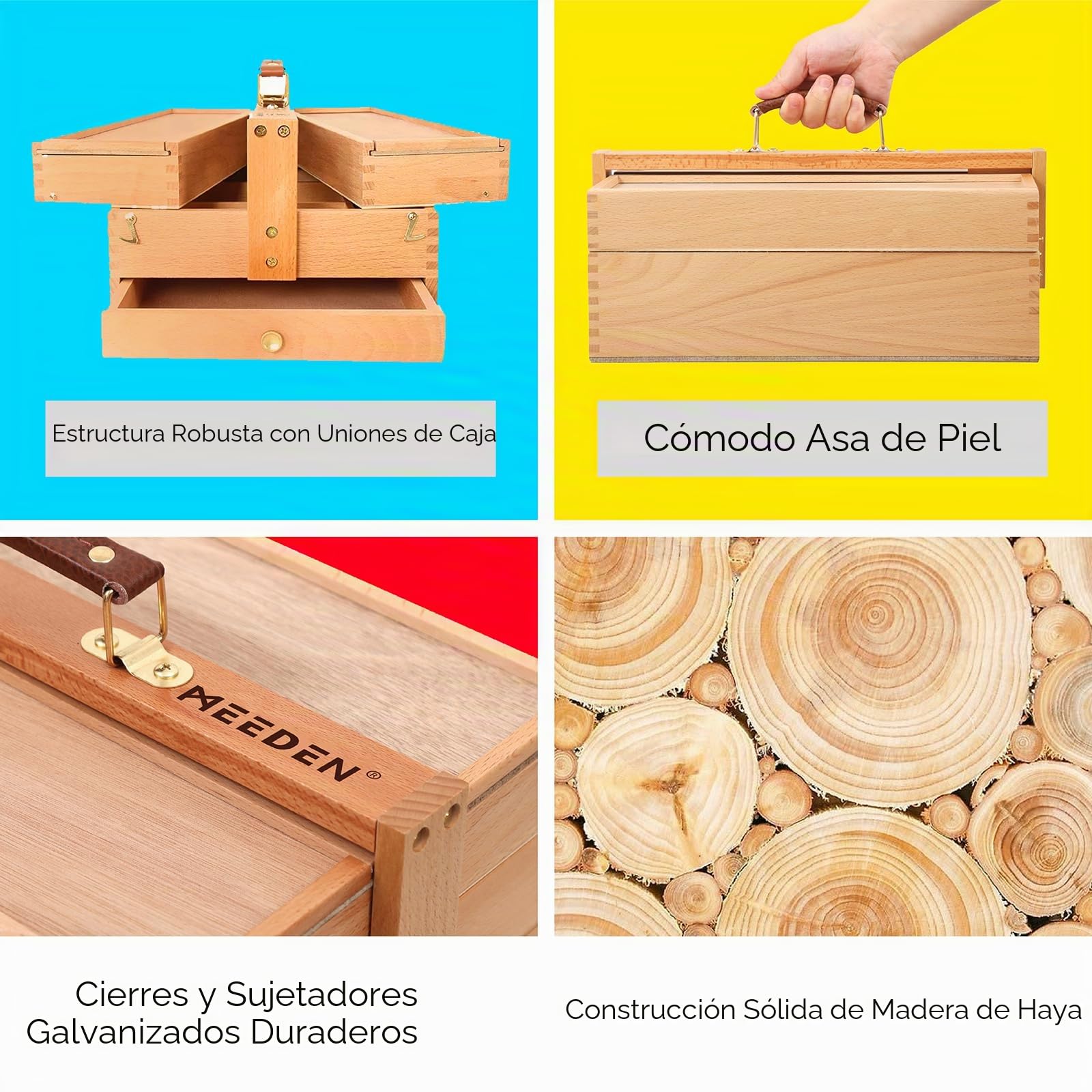 MEEDEN Artist Caja de almacenamiento portátil, plegable, multifunción, de madera de haya, con compartimentos y cajón para suministros de arte