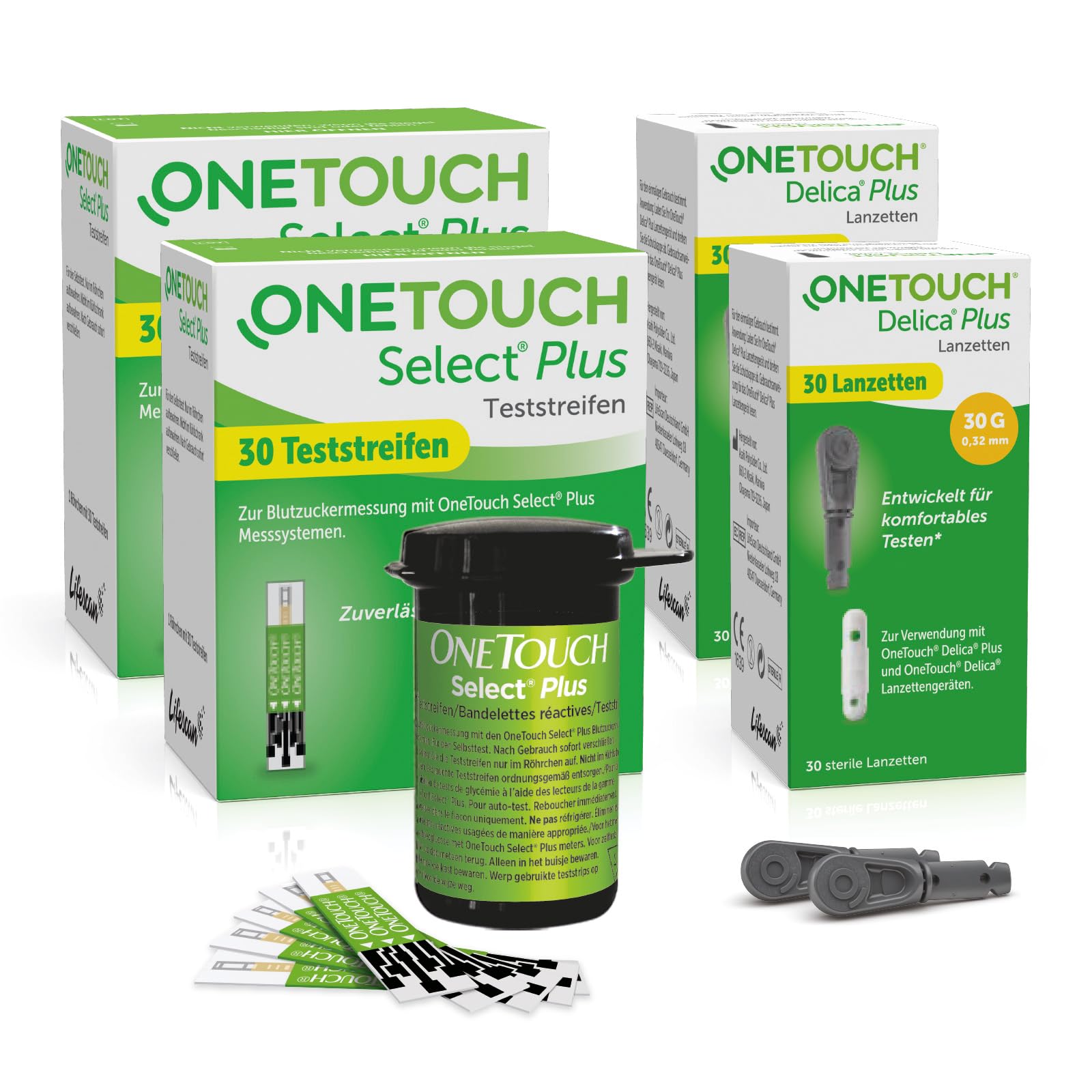 OneTouch Select Plus Kombi-Pack M für Blutzuckermessung |Teststreifen & Lanzetten für Diabetes (Zucker-Krankheit)| 60 Tests | 2 Packungen Teststreifen, je 30 Stück I 2 Packungen Lanzetten,je 30 Stück
