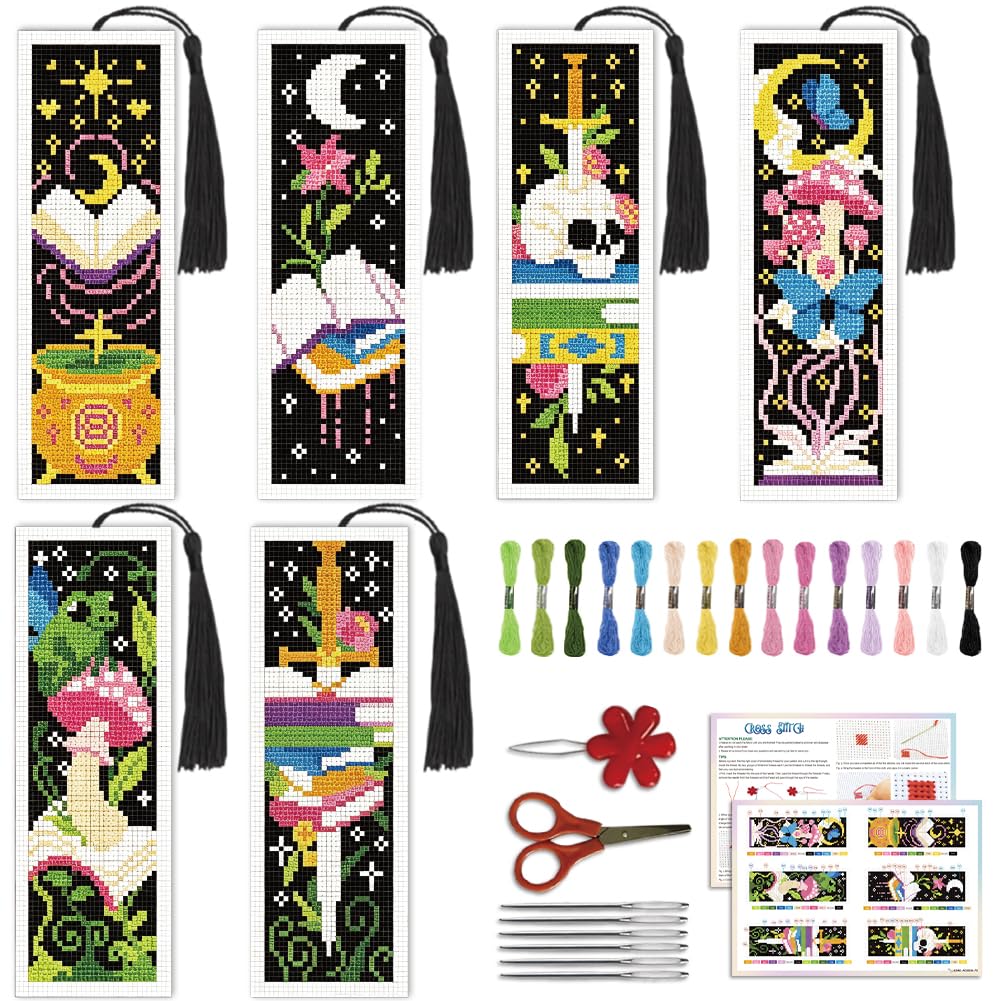 ACRNIGHEET 6PCS Cross Stitch Bookmark Kit for Beginner (Book &amp; Magic)