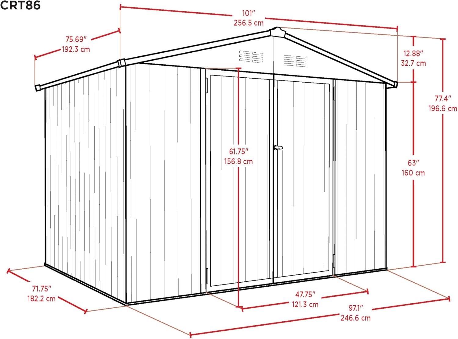 Technical diagram showing the dimensions of the Cover-It shed in inches and centimeters.