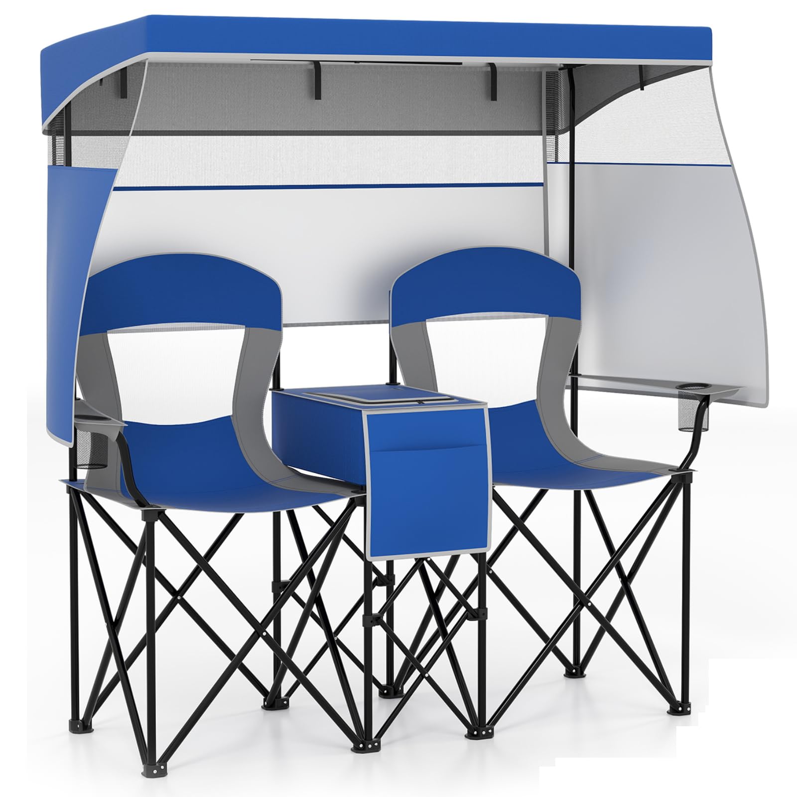 TANGZON Double Camping Chair, Outdoor Folding Loveseat with Shade Canopy, Cup Holder, Cooler Bag, Side Pocket & Carrying Bag, Portable Picnic Chair for Patio BBQ Fishing (with Roll-up Shade, Navy) โ image 1
