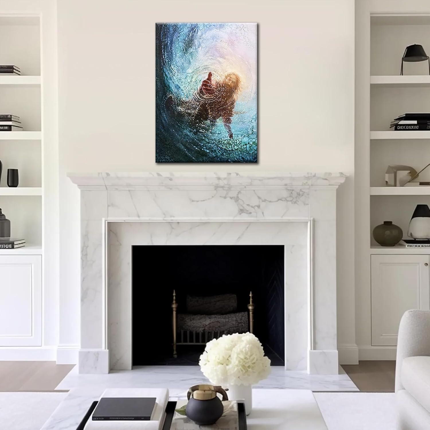 Framed Jesus Reaching Hand Wall Art Christian Canvas Painting of Faith and Rescue Religious Picture Print for Living Room Church Prayer Room Spiritual Poster on Ready to Hang16x24In