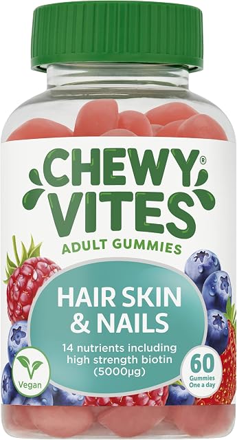 Chewy Vites Adults Hair Skin & Nails | 60 Gummy Vitamins | High-Strength Biotin 5000 µg | 1-a-Day | 2 Months Supply | Real Fruit Juice| Vegan