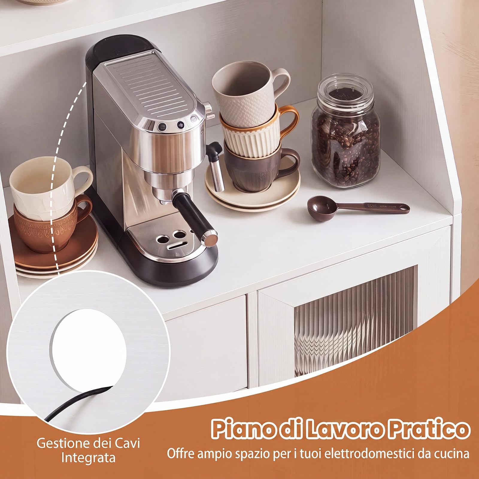 COSTWAY Credenza Alta da Cucina, Dispensa Moderna con Luci LED, Bianco