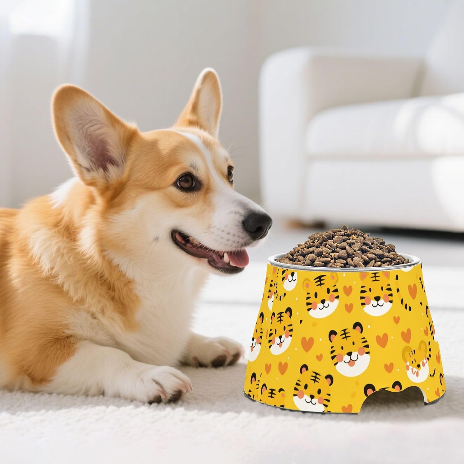 Cartoon Yellow Tigers Pets Food Bowl Enhanced Stainless Steel Cats Basic Bowls for Medium Dogs Whisker Fatigue