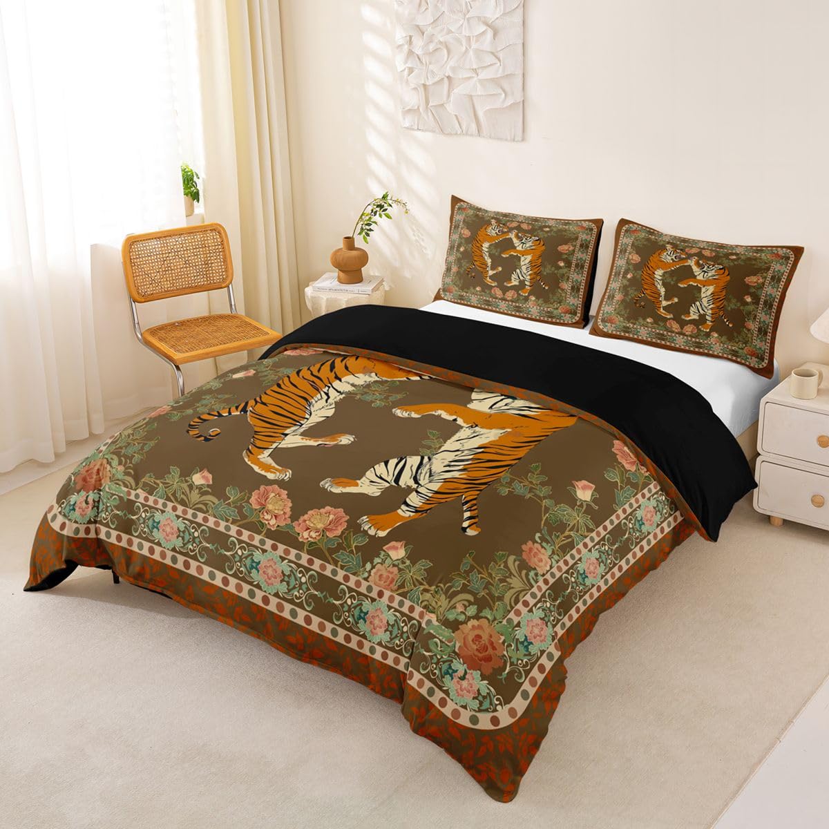 Homewish Vintage tygrys kwiatowy super king poszewka na kołdrę zaciekłe symetryczne zwierzę zestaw pościeli ozdobna botaniczna poszewka na kołdrę boho dżungla estetyczna brązowa żółta zestawy łóżek
