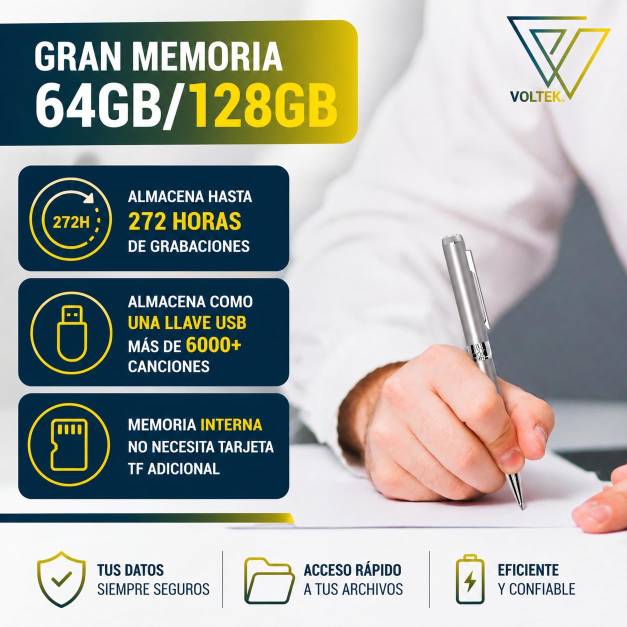 VOLTEK Pluma Grabadora de Audio - Captura la Voz con el Detector de dictáfonos Vocal. Micro grabadora Mini Escucha remota con una Memoria de 64 GB – Libro electrónico Gratuito Incluido (Plata)