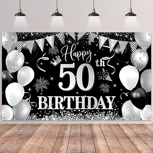 Miniatura 1 de Telón de fondo de pancarta de cumpleaños 50, decoraciones de BTZO Happy 50, telón de fondo de tela negra y plateada para hombres y mujeres, fiesta
