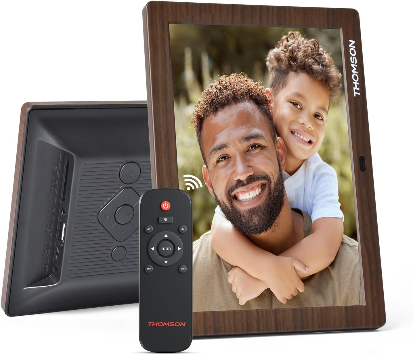 De volta view of THOMSON 8-inch Digital Photo Frame showing ports and physical buttons, with remote control in foreground.
