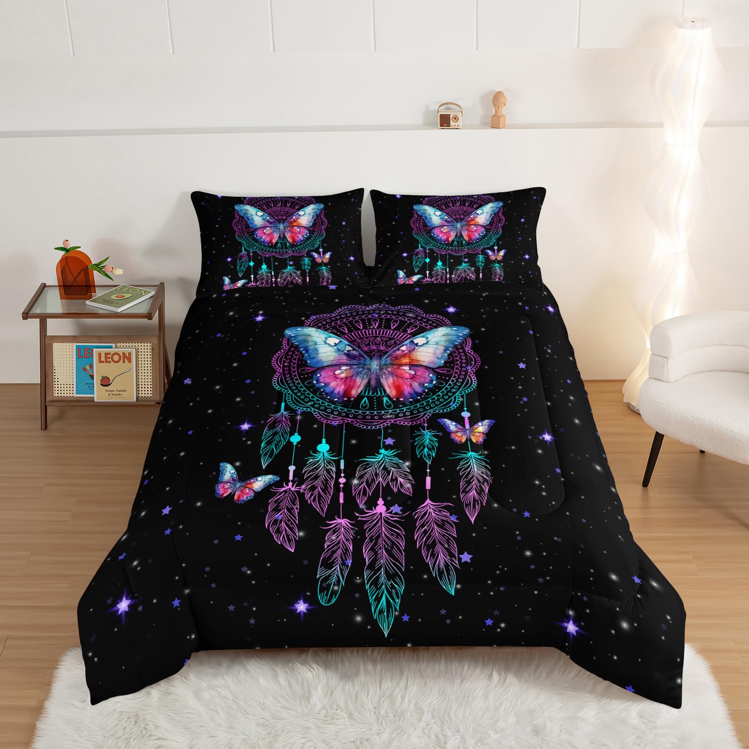 HOSIMA Traumfänger-Bettwäsche-Set für Mädchen, Schmetterlings-Federn, Traumgeschichten, Tröster-Set, Kidcore, Raumdekoration, ästhetisch, Galaxie, Sternenhimmel, schwarz, Bettdecke in voller Größe mit