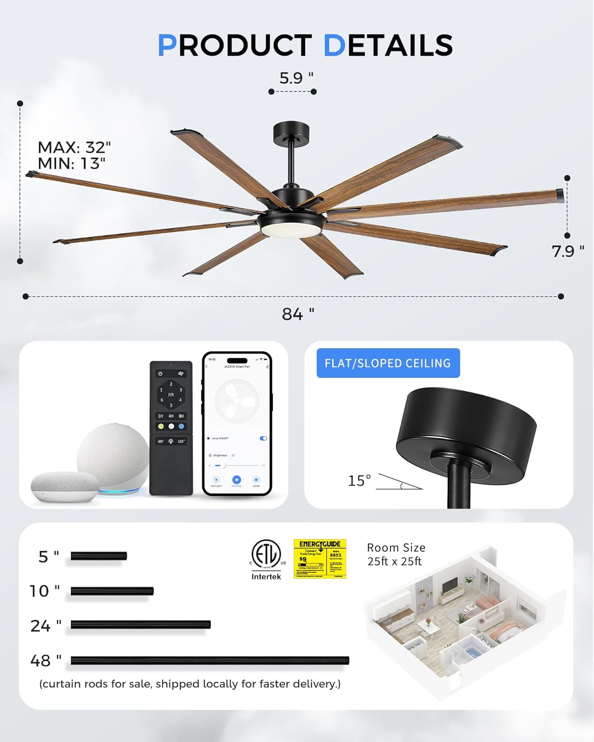 84 Inch Industrial Ceiling Fan with Light, Large Design with 8 Aluminum Blades, Compatible with Alexa, 6-Speed Reversible DC Motor, 3 Color Temperature Options - ZCCF04WD-84