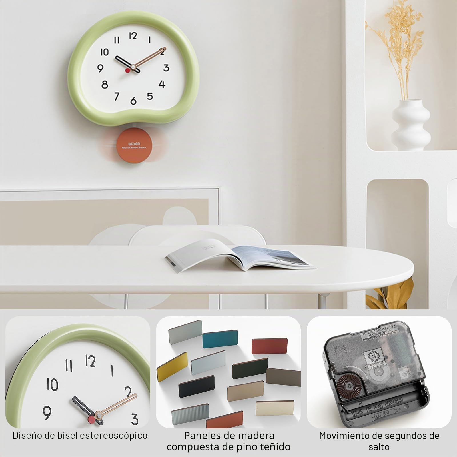 Ergocar Reloj De Pared De Madera Moderno y Silencioso, Analógico Con Péndulo Oscilante, Redondo, Funciona Con Pilas, Adecuado Para Dormitorio, Salón